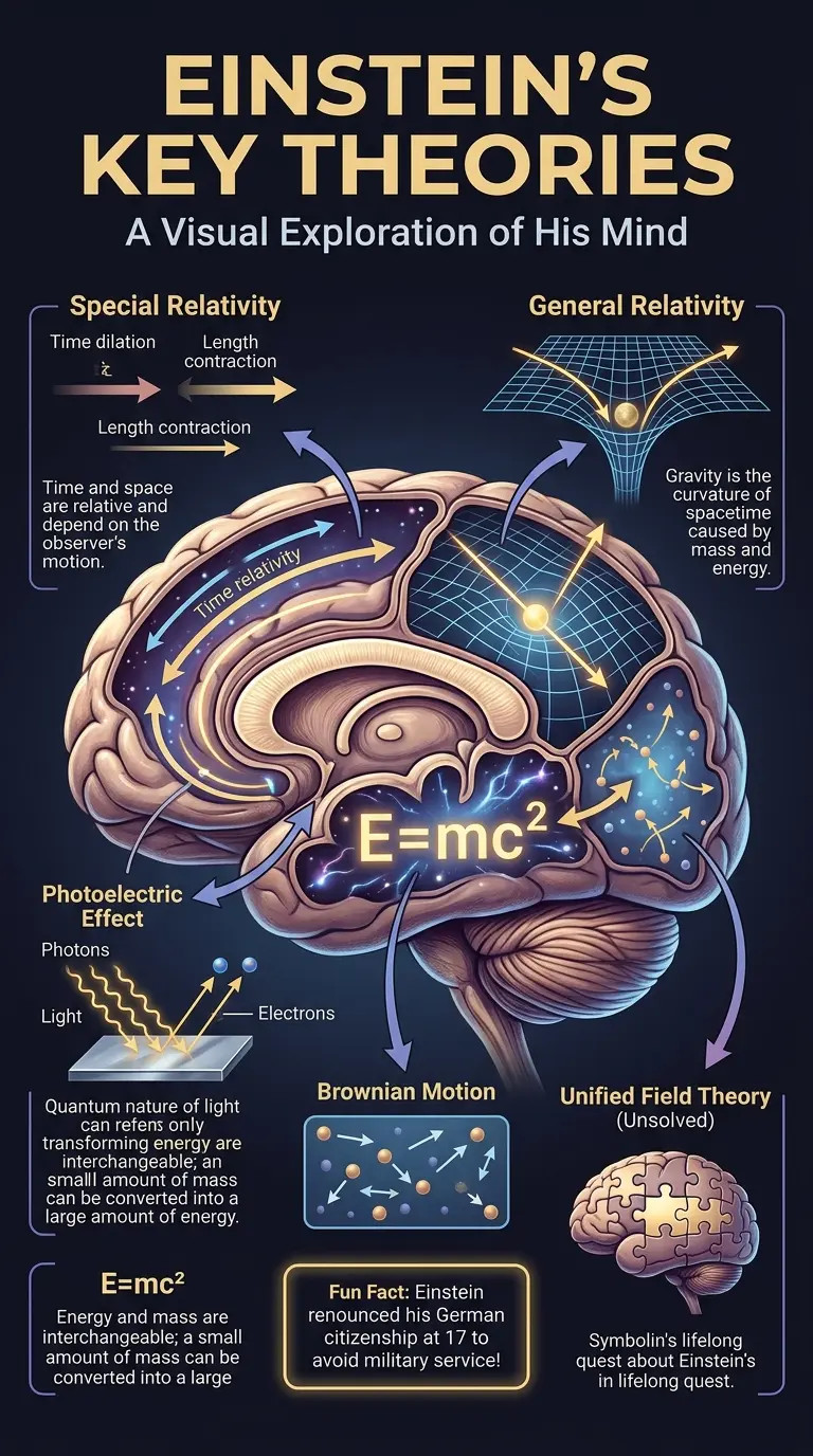 Infographic explaining Albert Einstein's life, theories, and legacy.