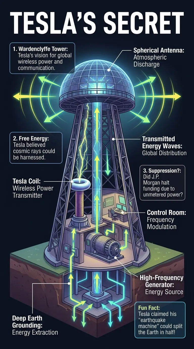 Infographic explaining Nikola Tesla's suppressed inventions and free energy concepts, including Wardenclyffe Tower and his vision for wireless power.