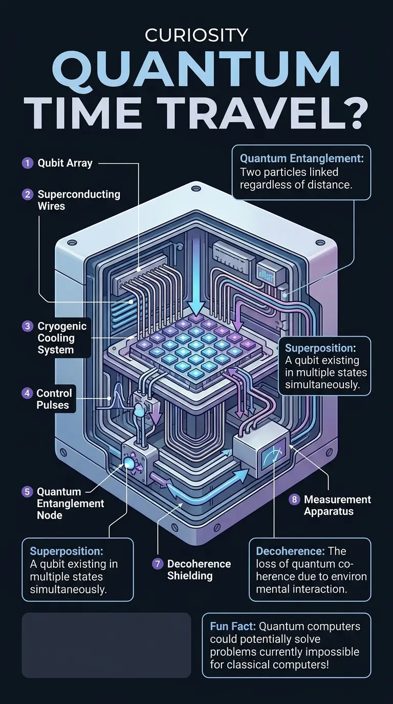 Infographic explaining the potential of quantum computers to manipulate time, showcasing key components and principles of quantum entanglement and superposition.