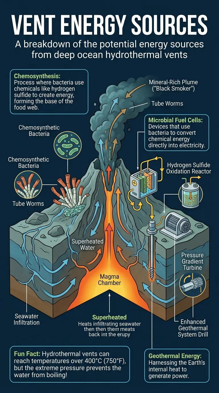 Infographic explaining how deep ocean hydrothermal vents could be a source of untapped energy, detailing chemosynthesis, microbial fuel cells, and geothermal approaches.