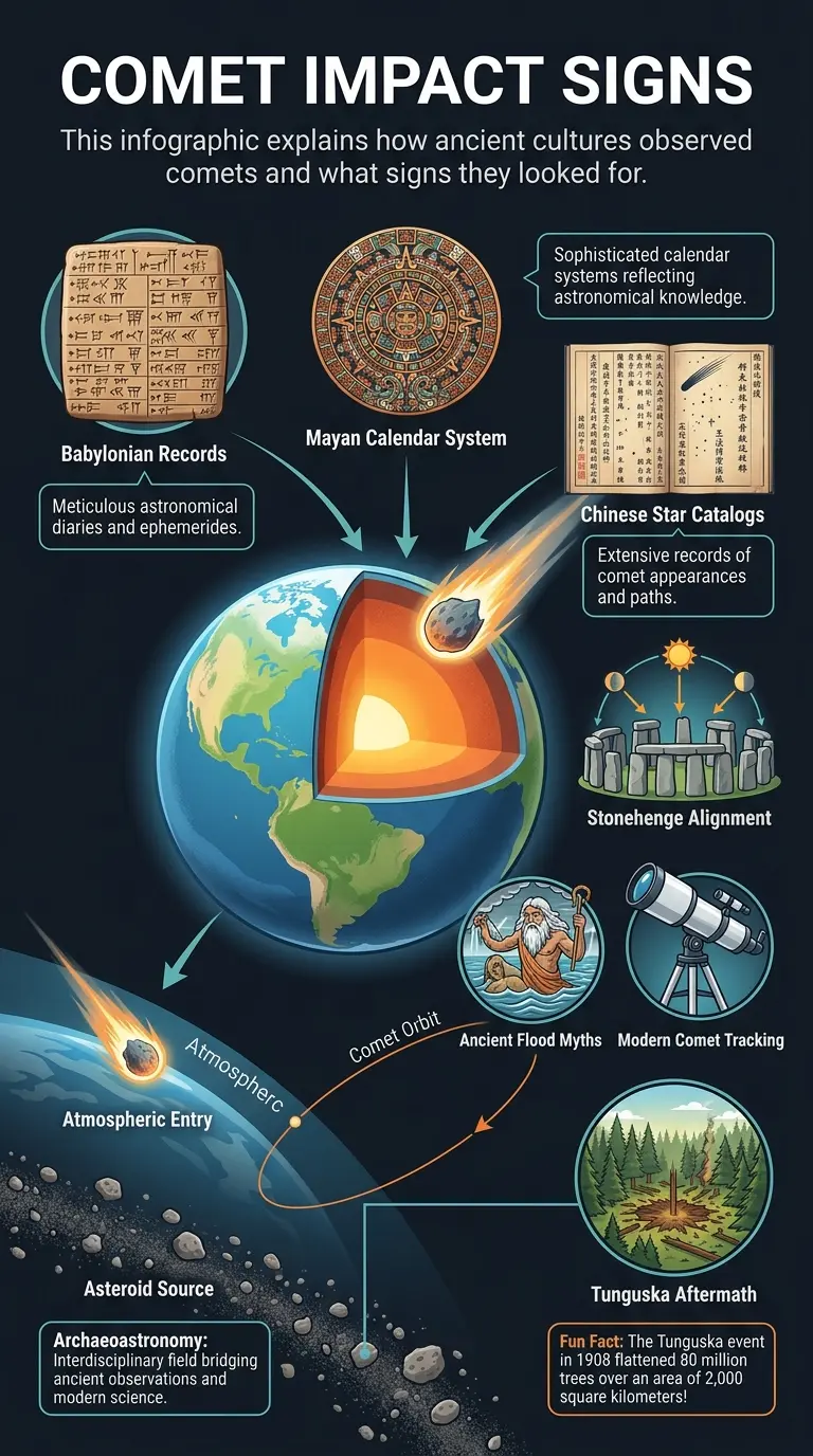 Infographic detailing how ancient cultures may have foreseen comet impacts through astronomical observations and myths. #archaeoastronomy #comets #ancienthistory