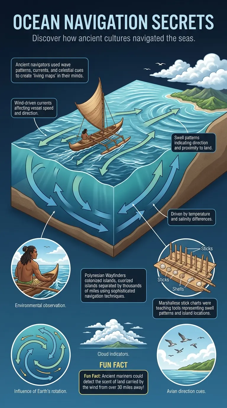 Infographic explaining how ancient mariners decoded ocean currents and wave patterns for navigation, highlighting Polynesian wayfinding and Marshallese stick charts. #ancientnavigation #oceanography #wayfinding