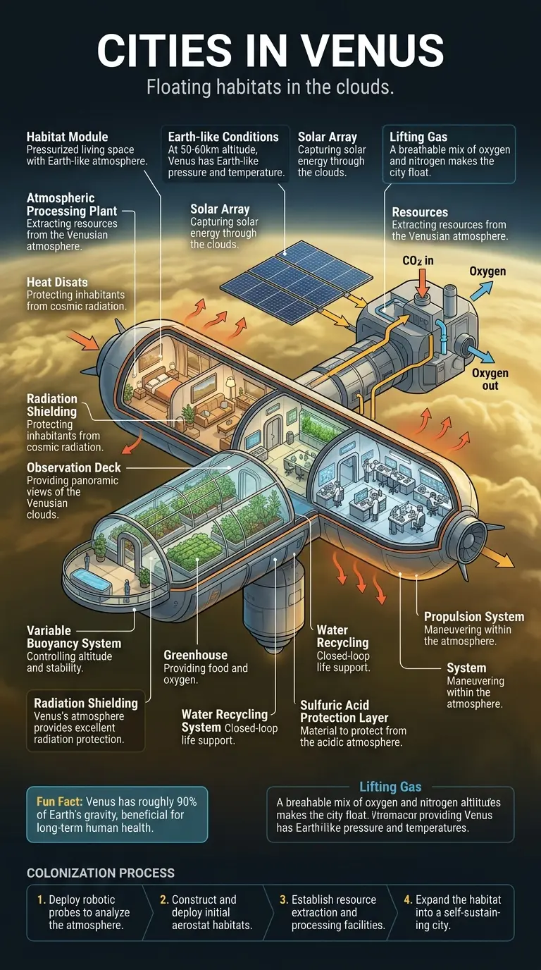 Infographic showing the concept of floating cities in the Venusian atmosphere, highlighting the advantages and engineering challenges of this potential future human habitat.
