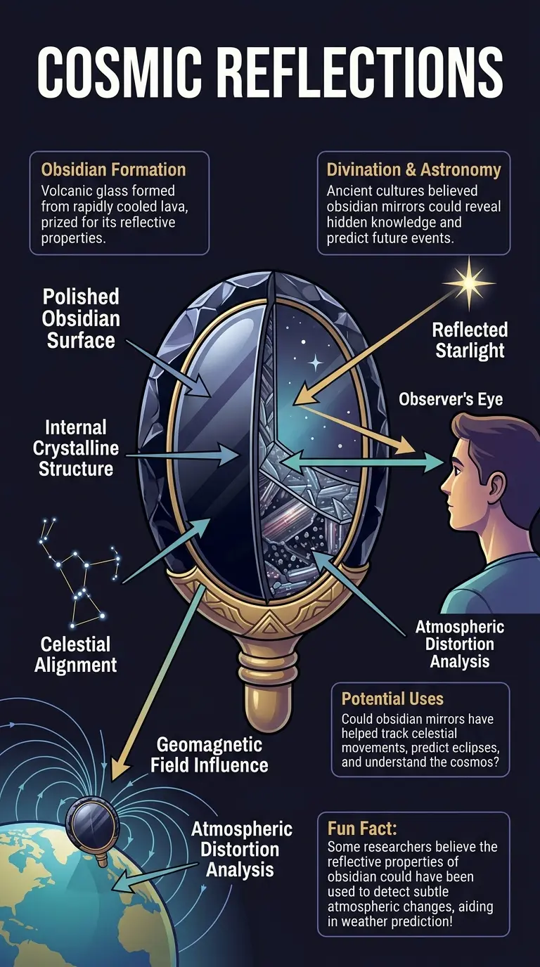 Infographic explaining how ancient cultures may have used obsidian mirrors to decode the skies and predict celestial events.