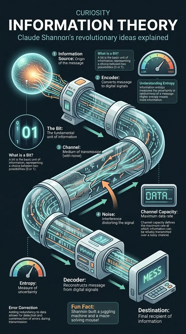 Infographic explaining Claude Shannon's Information Theory, including the bit, entropy, and channel capacity.