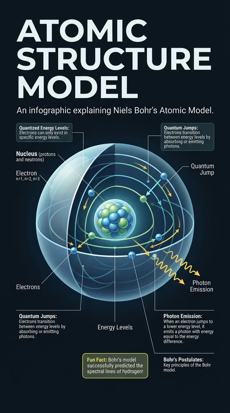Infographic explaining Niels Bohr's atomic model, its components, and key principles of quantum mechanics.