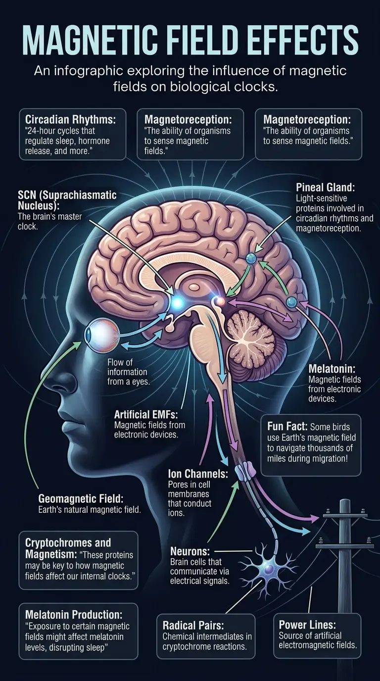 Infographic explaining how magnetic fields may influence and reshape human biological clocks and circadian rhythms, impacting sleep, health, and potential future technologies.
