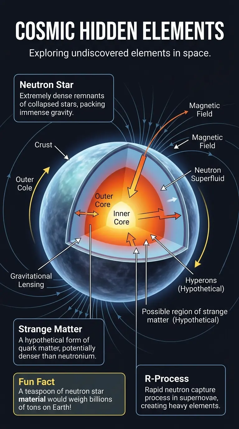 Infographic explaining the possibility of undiscovered elements existing in extreme cosmic environments like neutron stars and supernovae.