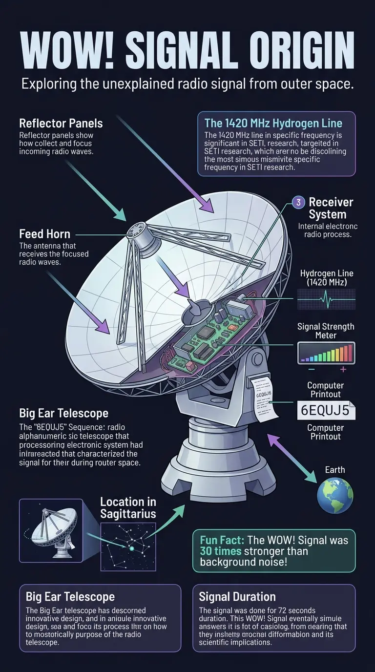 Infographic explaining the WOW! Signal, a strong radio signal detected in 1977 that remains unexplained, with its key characteristics, possible explanations, and ongoing search for extraterrestrial intelligence.