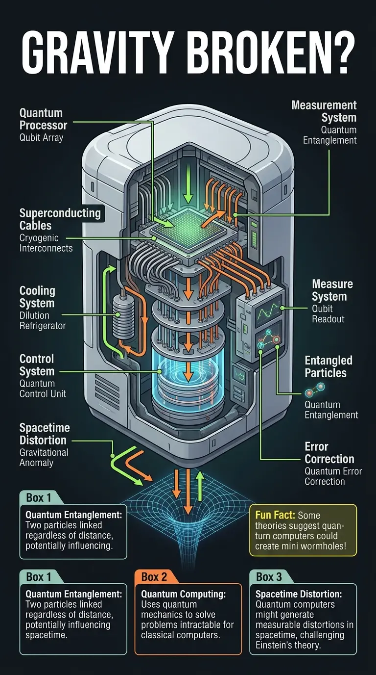 Infographic explaining how quantum computing might challenge our understanding of gravity, featuring a cutaway view of a quantum computer interacting with spacetime.