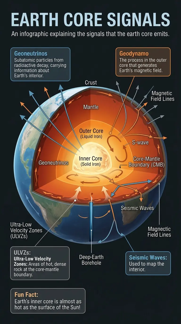 Infographic explaining the signals Earth's core sends, including geoneutrinos, seismic waves, and magnetic fields, and how scientists are decoding them.
