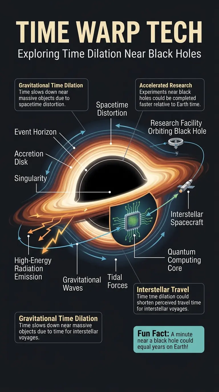 Infographic explaining how black holes warp time and potential future technologies.