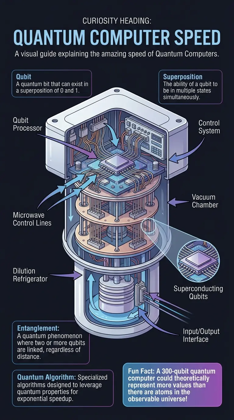 Infographic explaining how quantum computers achieve mind-boggling speeds compared to supercomputers, detailing qubits, superposition, entanglement, and quantum algorithms.