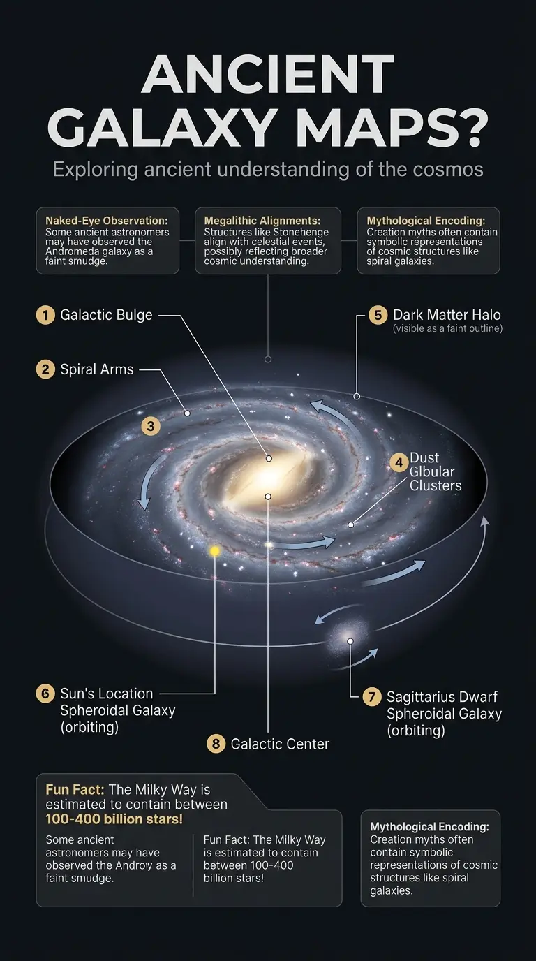 Infographic exploring the possibility of ancient civilizations mapping galaxies without telescopes, examining evidence in megalithic alignments, mythology, and esoteric knowledge.