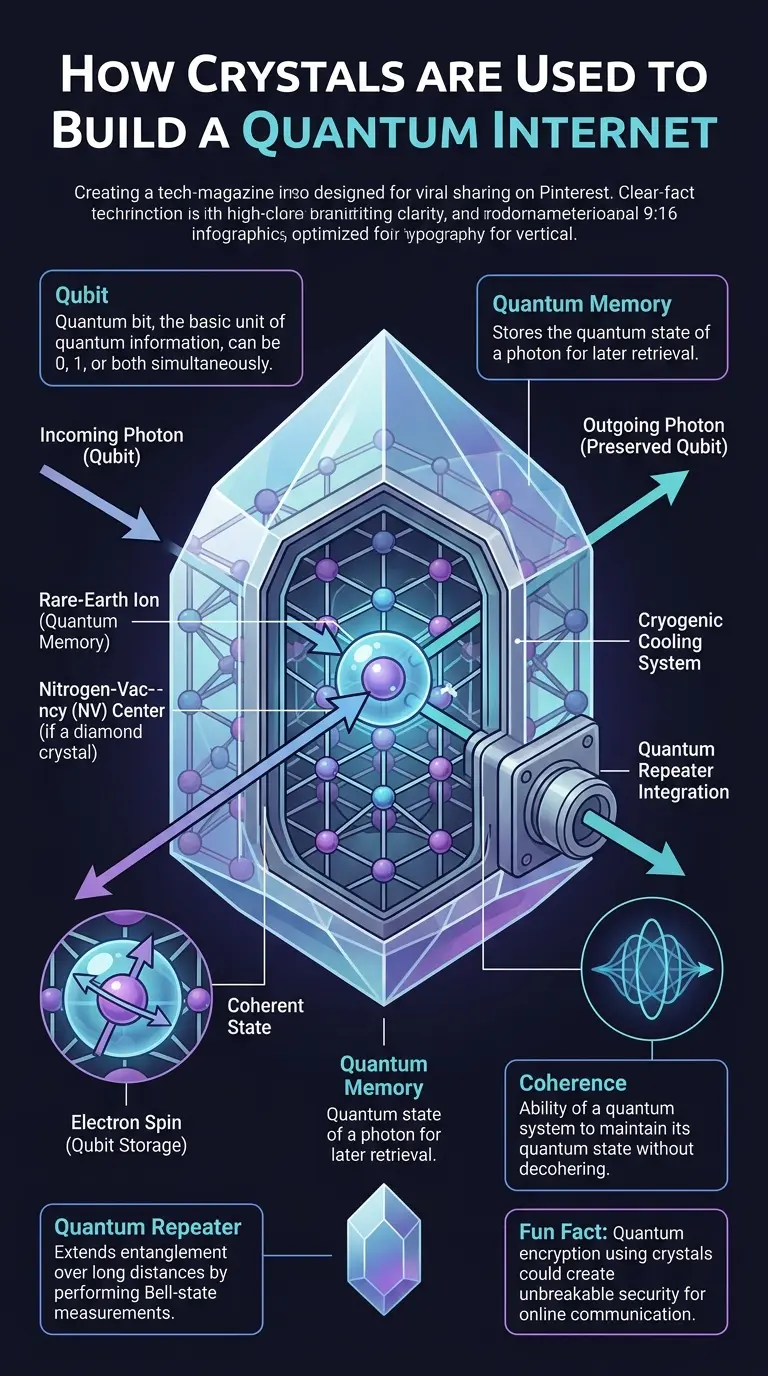 Infographic explaining how crystals can be used to build a quantum internet, highlighting the role of rare-earth-doped crystals and diamond nitrogen-vacancy centers in storing and transmitting quantum information.