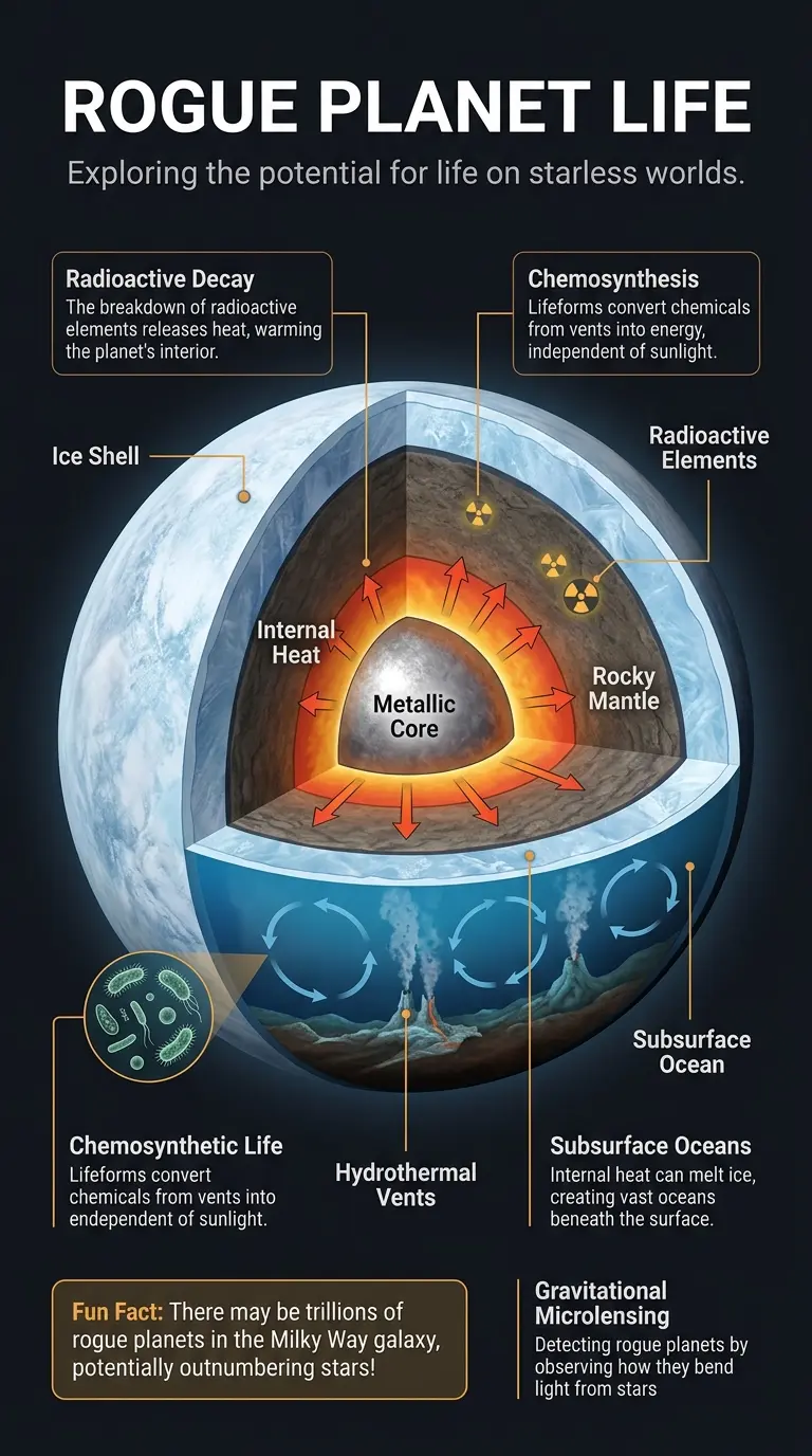 Infographic explaining how rogue planets could potentially harbor subsurface oceans and alien life, despite not orbiting a star.