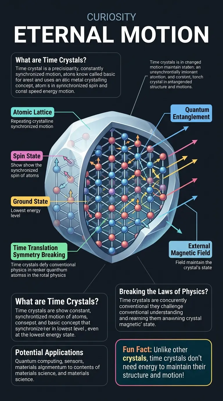 Detailed infographic explaining the science behind time crystals, their structure, and potential applications, showcasing a revolutionary state of matter.