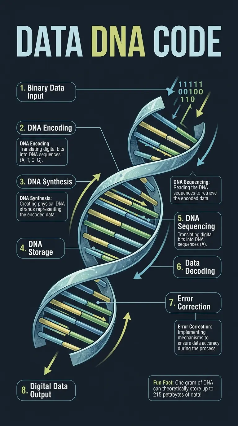 Infographic explaining how DNA can be used to store digital data, showing the process from data encoding to DNA synthesis and sequencing.
