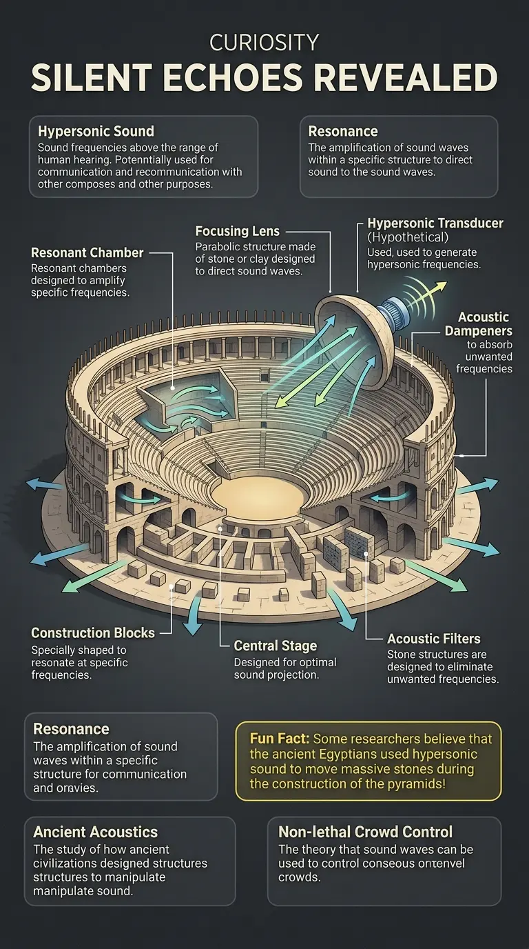 Infographic explaining how ancient civilizations may have harnessed hypersonic sound technology for various purposes, including communication, construction, and healing.