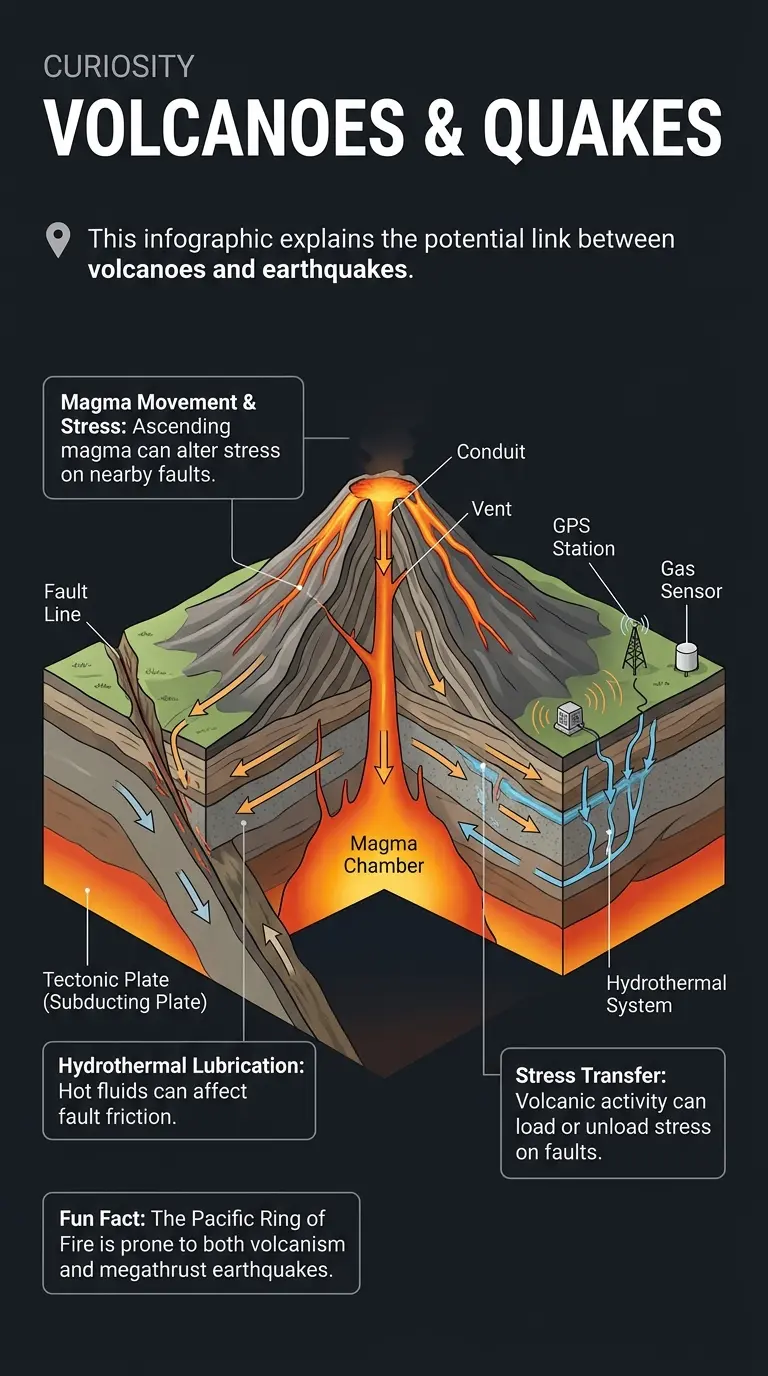 Infographic explaining the potential connection between volcanic activity and earthquake forecasting, featuring a cutaway view of a volcano and surrounding seismic zones.
