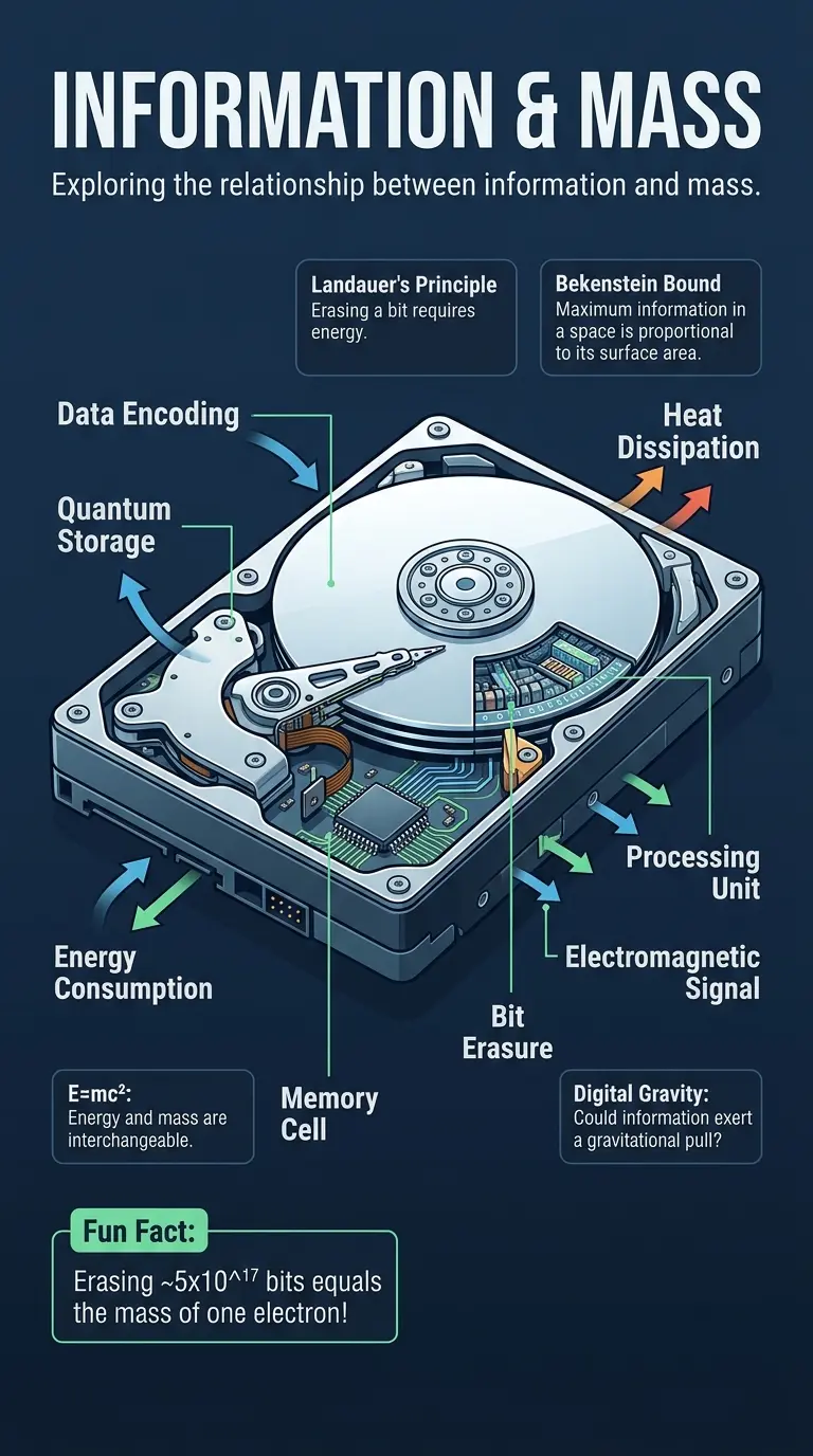 Infographic explaining the relationship between information and mass, covering Landauer's Principle, Bekenstein Bound, and digital gravity.