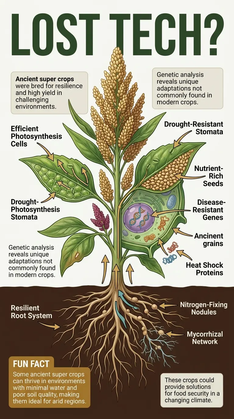 Infographic showing the inner workings of ancient super crops and their potential for modern agriculture.