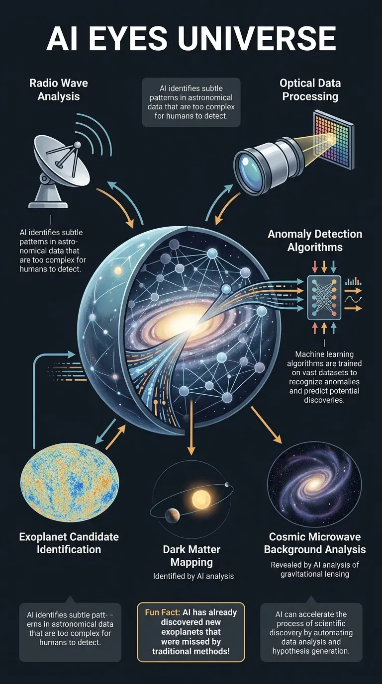 Infographic showing how AI can uncover hidden cosmic anomalies by analyzing vast amounts of astronomical data to detect patterns and signals otherwise missed by human observation.