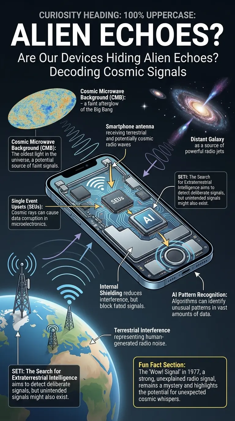 Infographic explaining the possibility of everyday devices picking up extraterrestrial signals, exploring cosmic microwave background, SETI, and digital anomalies.