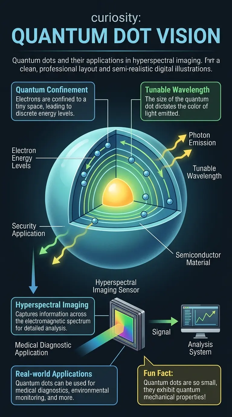 Infographic explaining quantum dots, their properties, and potential applications in hyperspectral imaging and sensing hidden dimensions, with labeled components and visual explanations.