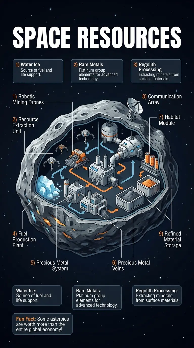 Detailed infographic explaining the process of asteroid mining, including resource extraction, processing, and potential uses for materials found on asteroids.