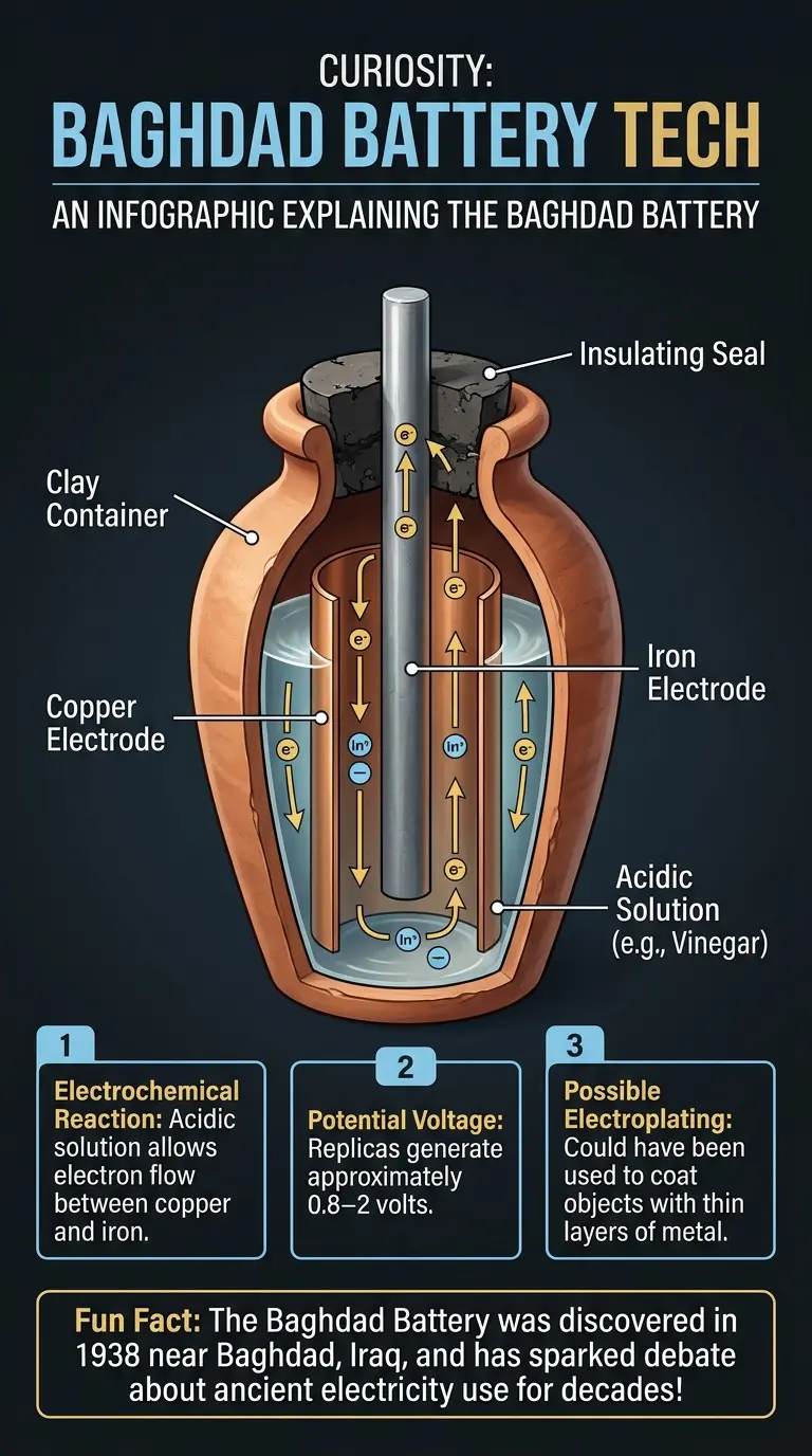 Detailed infographic explaining the Baghdad Battery, its components, theories about its use in ancient Mesopotamia, and experimental archaeology.