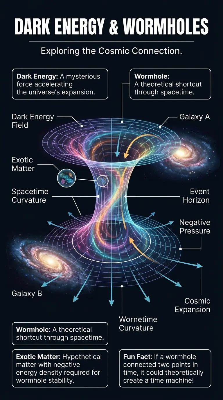 Infographic explaining the theoretical connection between dark energy and the possibility of cosmic wormholes, highlighting negative pressure, spacetime stretching, and potential for interstellar travel.