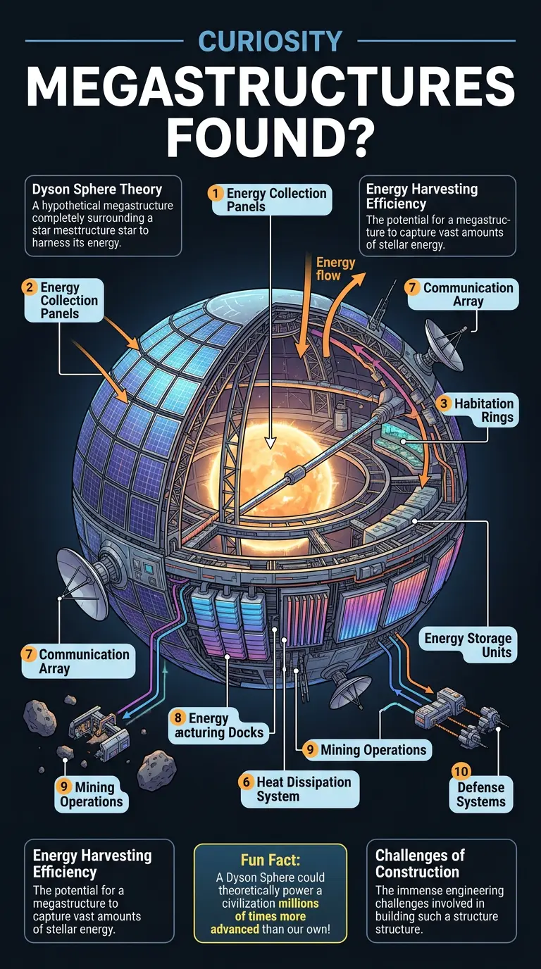 Infographic showing potential alien megastructure around a distant star, detailing its components and possible energy harvesting methods.