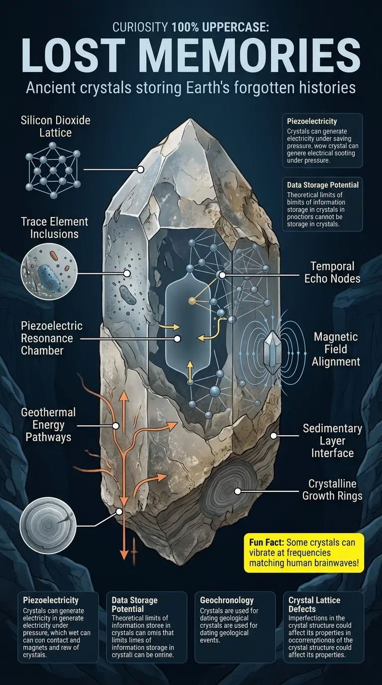 Infographic explaining how ancient crystals might have stored Earth's forgotten histories, detailing their potential structure and information storage capabilities.