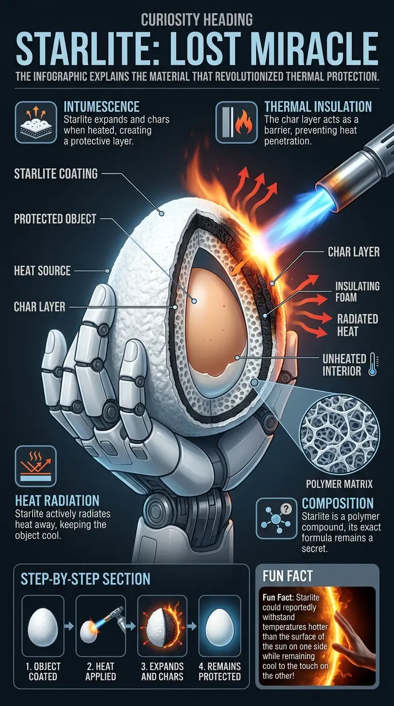 Infographic explaining the mystery of Starlite, a revolutionary heat-resistant material that disappeared.