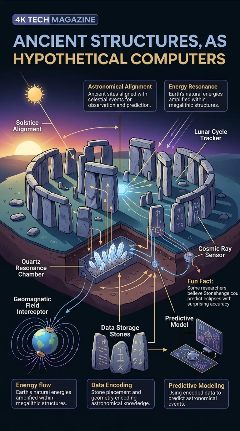 Infographic explaining the theory that ancient sites like Stonehenge and Giza pyramids functioned as cosmic supercomputers.