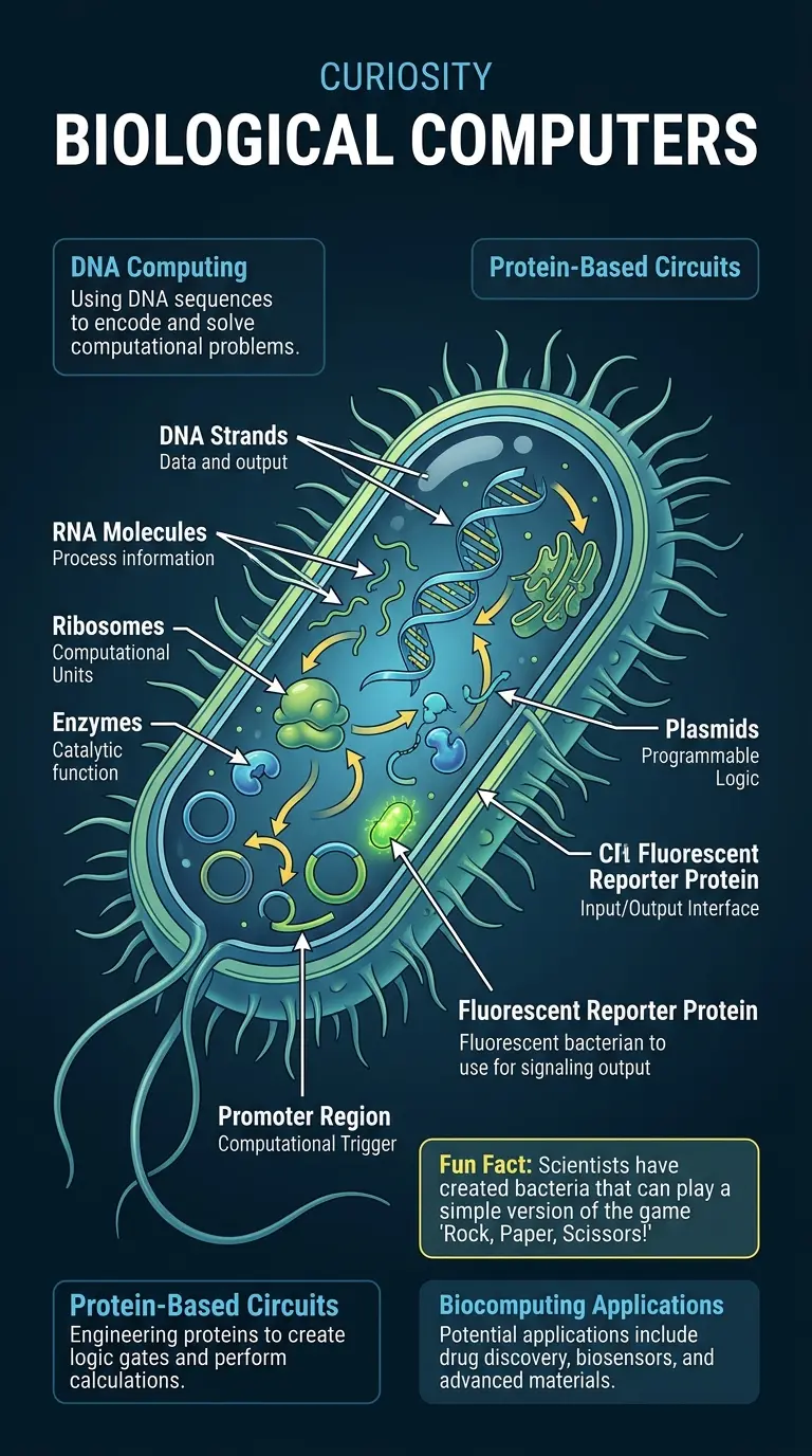Detailed infographic explaining the components and processes of biocomputing, showing how living organisms can be used to perform computations.