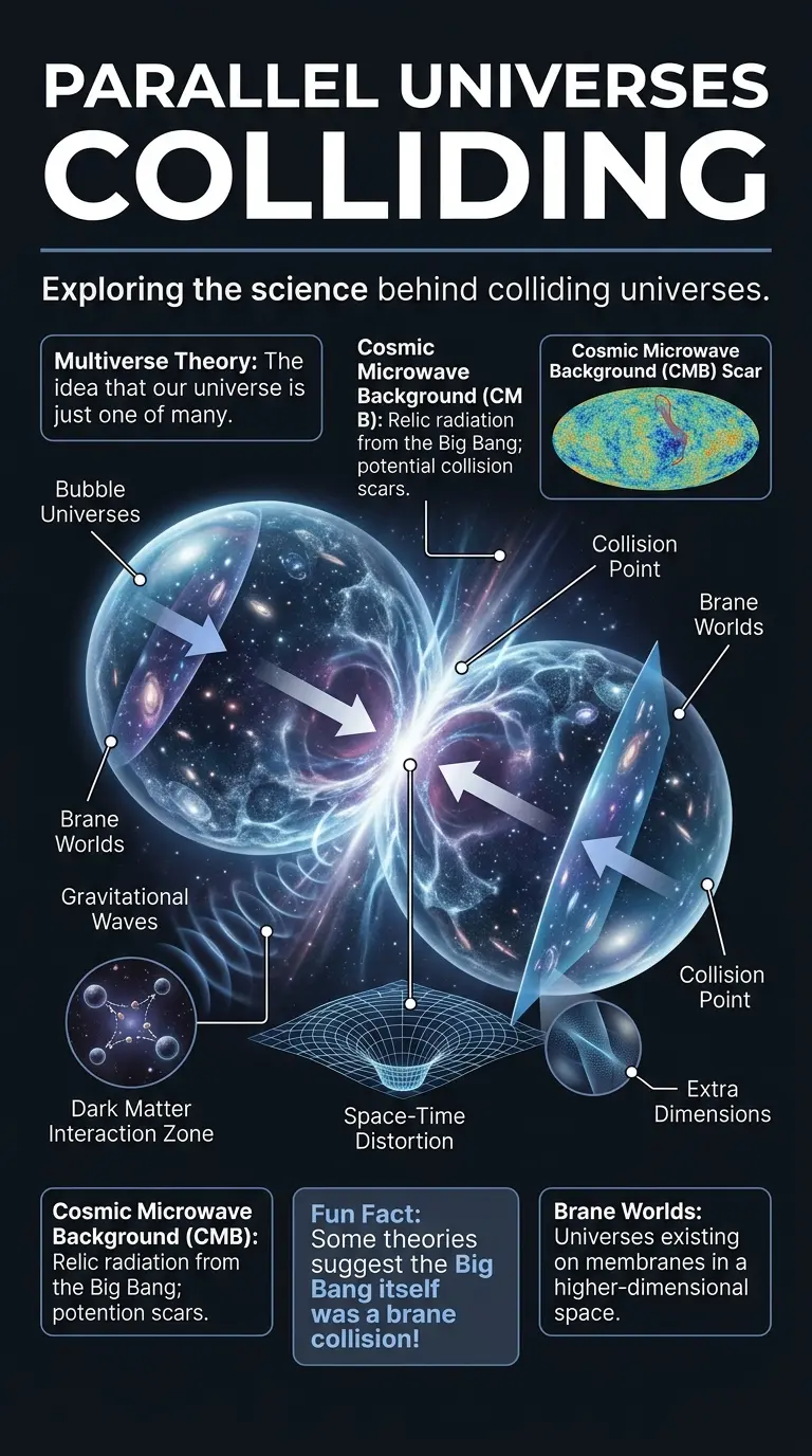 Infographic explaining the science behind parallel universe collisions, including multiverse theories, detection methods, and implications.