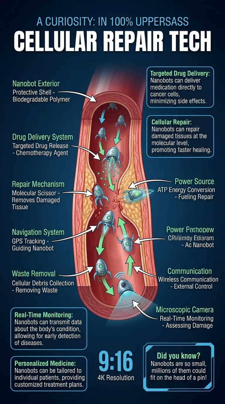 Infographic explaining how nanobots could repair the human body from within, showing internal mechanisms and potential applications.