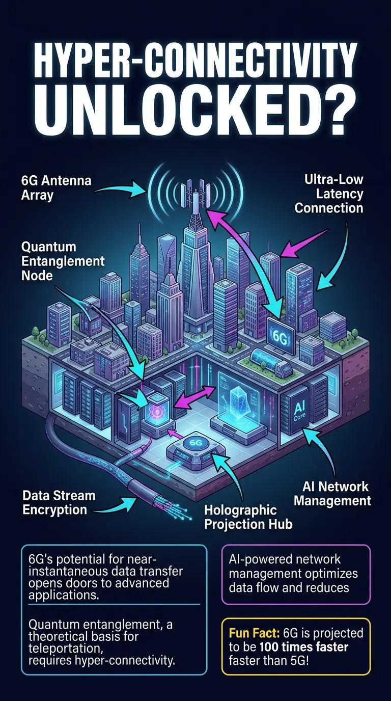 Infographic explaining the potential of 6G technology for hyper-connectivity and its theoretical links to teleportation, showing internal workings and data flow.