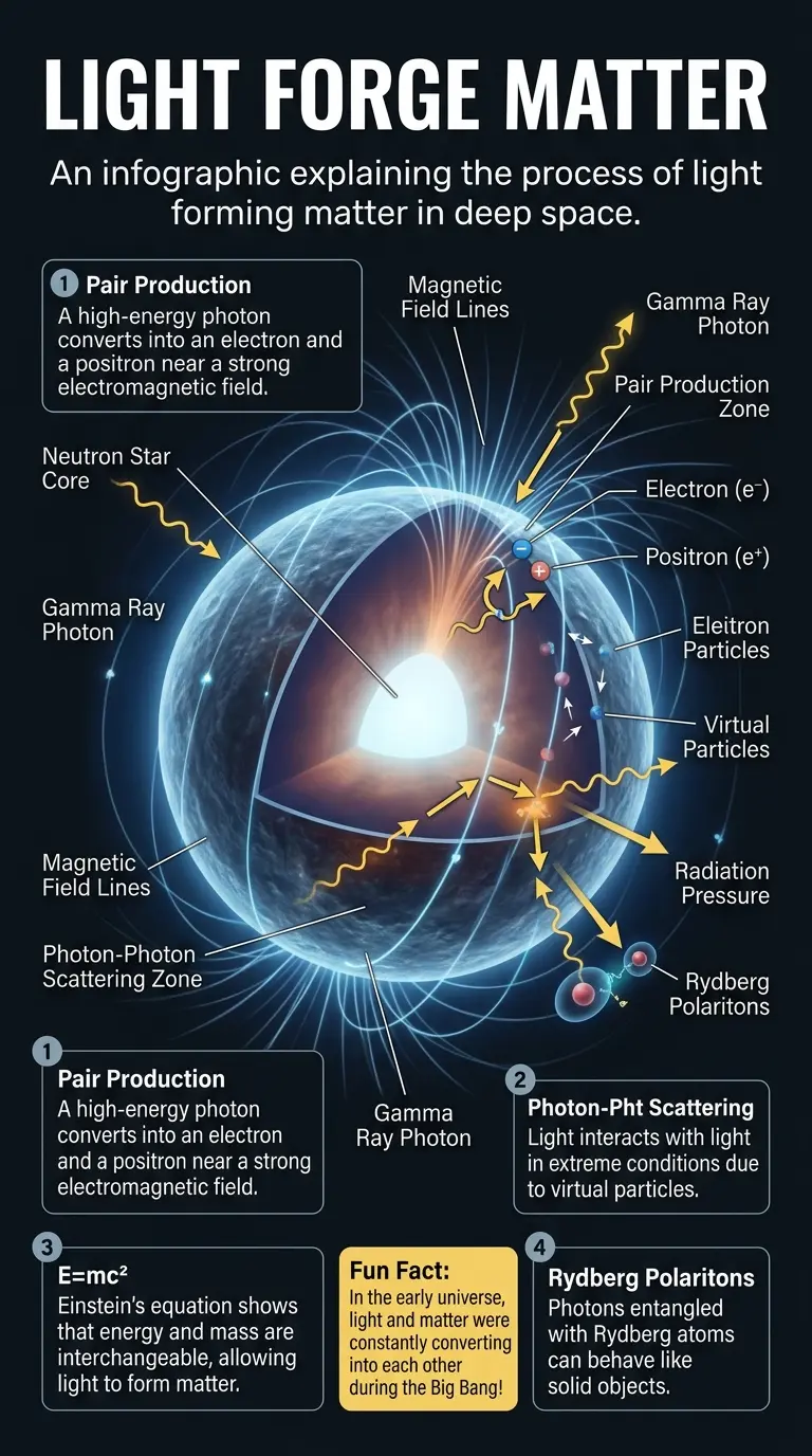 Infographic explaining how light can forge matter in deep space, covering pair production, photon-photon scattering, and astrophysical forges.