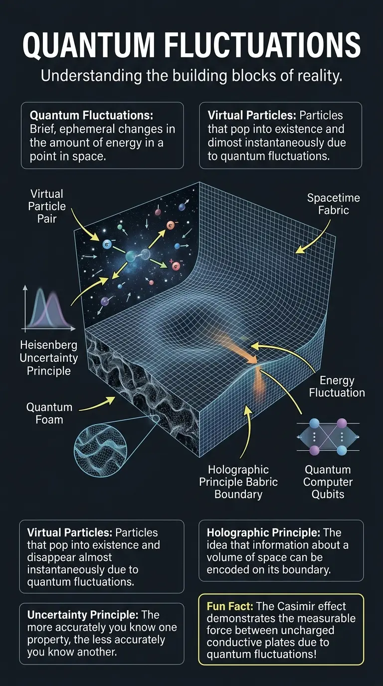 Infographic explaining quantum fluctuations, their role in the universe, and the concept of reality as code.