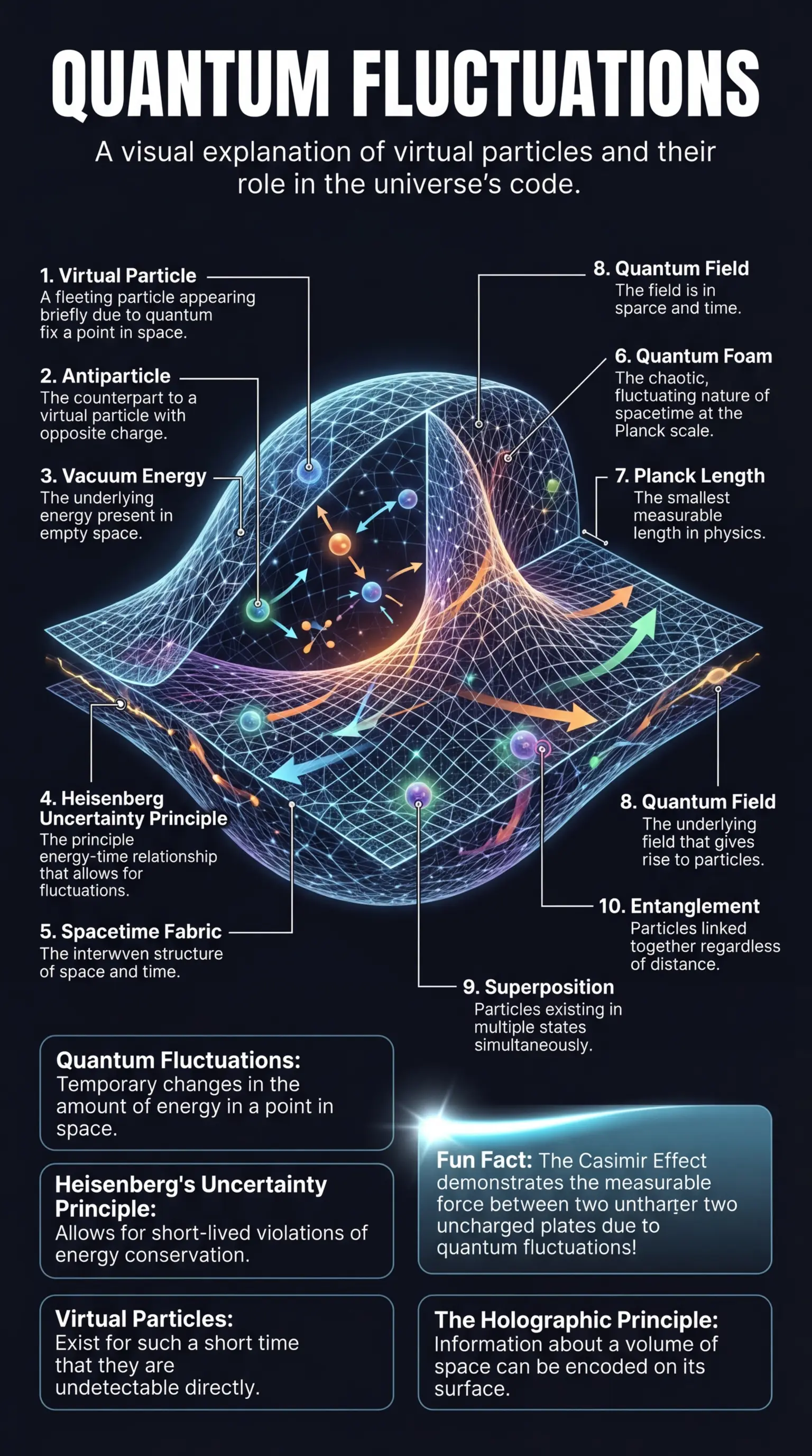 Educational infographic explaining quantum fluctuations, their role in the universe, and connection to reality's code. #quantumphysics #science #infographic