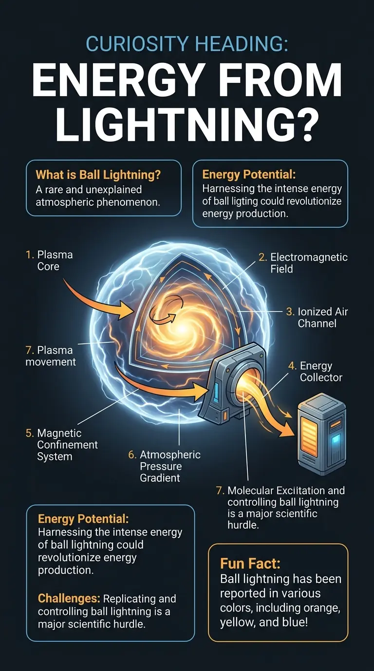 Infographic explaining the science and potential of ball lightning as a future energy source, with labeled components and directional arrows.