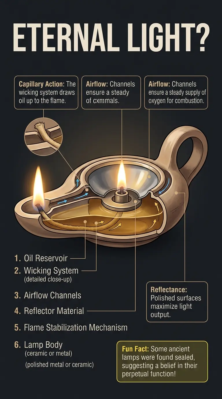 Infographic showing the internal components and possible mechanisms of ancient eternal lamps, exploring the lost technology that may have powered them.