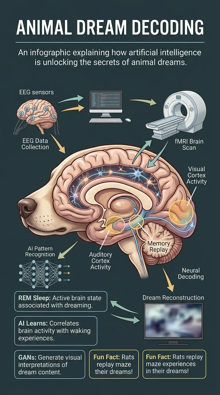 Infographic explaining how AI can be used to decode animal dreams, including brain activity analysis and dream synthesis.