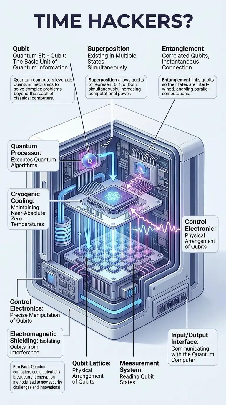 Cutaway infographic of a quantum computer illustrating qubit entanglement, superposition, and potential applications.