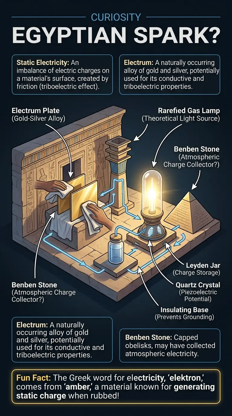 Infographic exploring the theory that ancient Egyptians may have harnessed static electricity for lighting and other purposes.