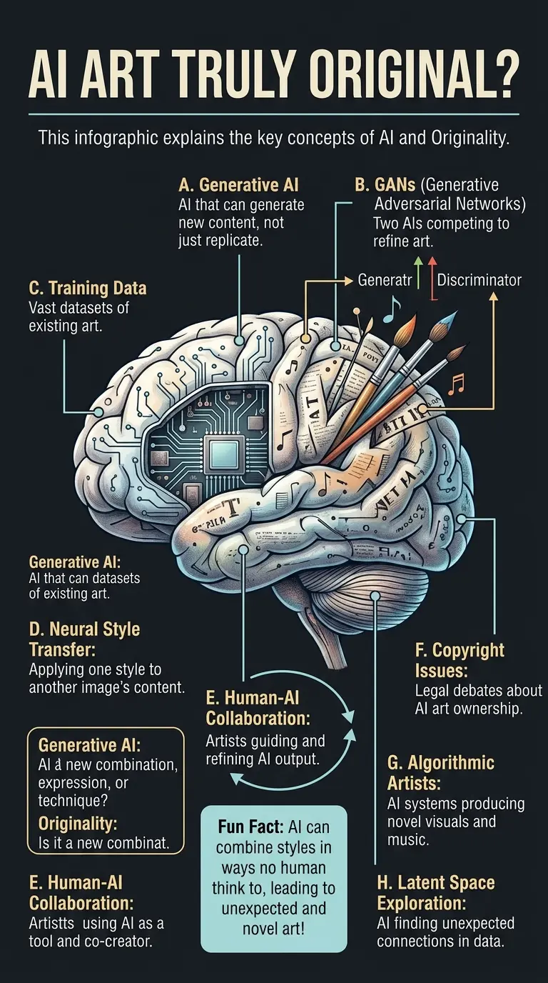 Infographic explaining whether AI can create truly original art, discussing generative AI, GANs, originality, human-AI collaboration, and copyright issues.