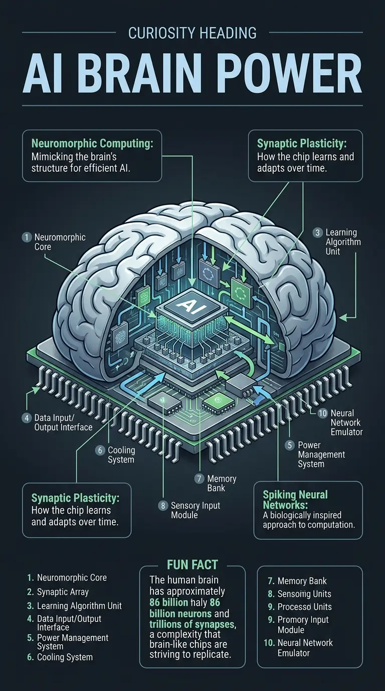 Infographic exploring brain-like chips and their potential to create true AI, highlighting key components and functionality.